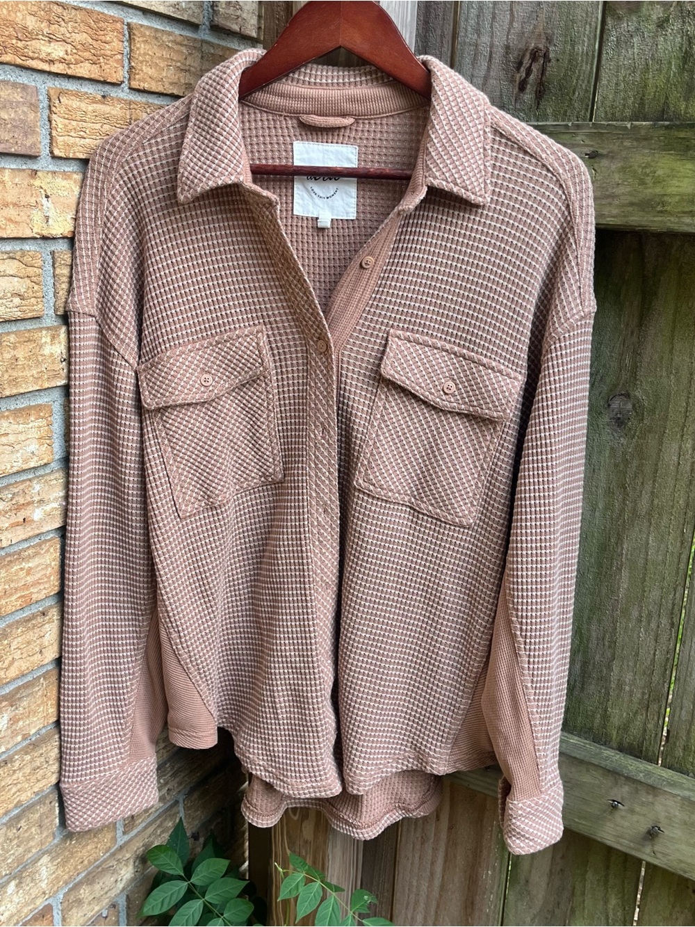 Aerie Oversized LumberJane Waffle Knit Button-Down Shirt Jacket in Tan